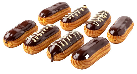 A delectable display of chocolate eclairs with creamy filling and drizzled white icing on a dark background on transparent background