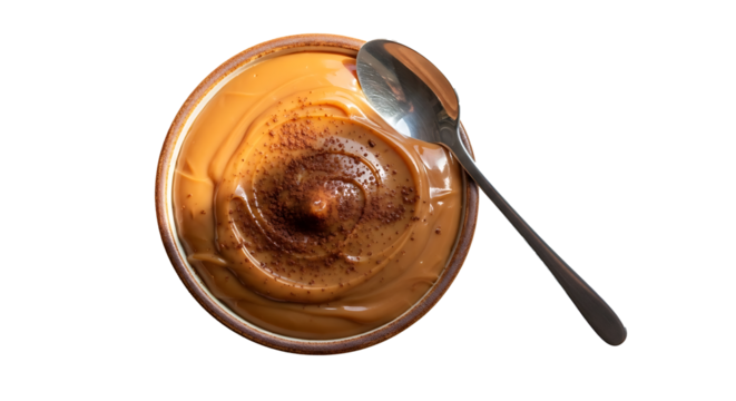 Caramel pudding with cocoa powder in a bowl and a spoon on a black background from a top down view on transparent background
