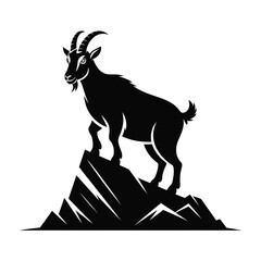 Black goat silhouette standing on rocky mountain peak isolated on white background