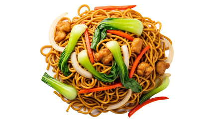 A top view of chow mein noodles with bok choy carrots onions and pieces of chicken on a white plate on transparent background
