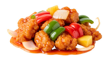 A close up shot of sweet and sour chicken with peppers and pineapple on a black background plate view on transparent background