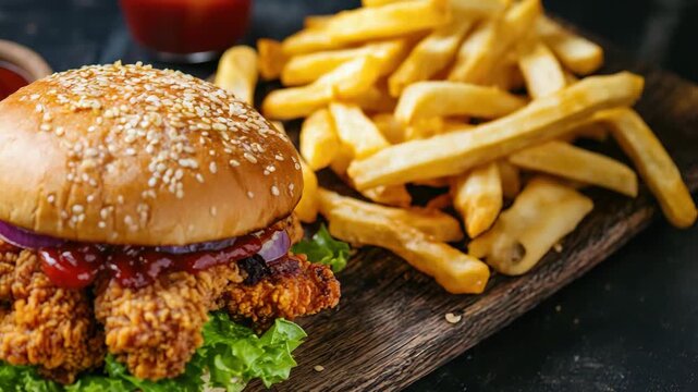Crispy fried chicken sandwich with lettuce and fries on wooden board
