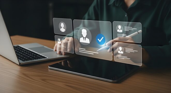 Professional recruiter chooses perfect candidate using modern technology for job selection success