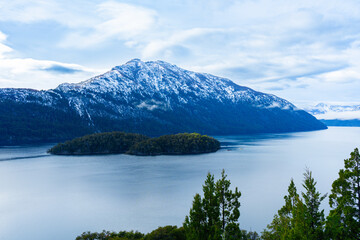 Scenic View of Piuqué Huapi Island on Nahuel Huapi Lake, National Park, Bariloche, Patagonia Argentina, Andes Mountains Cerro Fray Elguea, Cerro Mora 