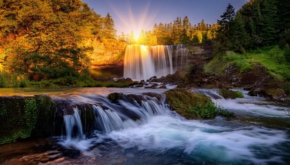 a stunning sunset casting warm light on a waterfall creating a magical ambiance