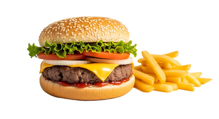 A close up of a burger with lettuce tomato onion cheese patty and fries on a black background plate on transparent background