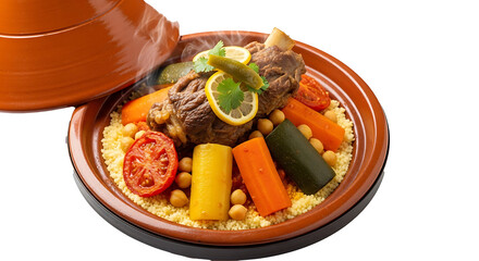 Close up of a tagine dish with meat vegetables and couscous in a brown ceramic serving dish with lid on transparent background