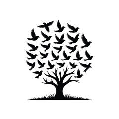 Tree with birds flying silhouette isolated on white background