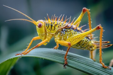 Vibrant Yellow Grasshopper on a Blade of Grass