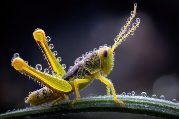 Vibrant Grasshopper Covered in Dew Drops