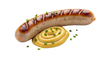 A grilled sausage with mustard and chives on a black background in a studio photography shot on transparent background