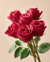 Velvety Rich Red Roses, A Delicate Closeup Arrangement Bathed In Soft, Diffused Light, Showcasing Depth And Subtle Color Variations Against A Neutral Beige Background