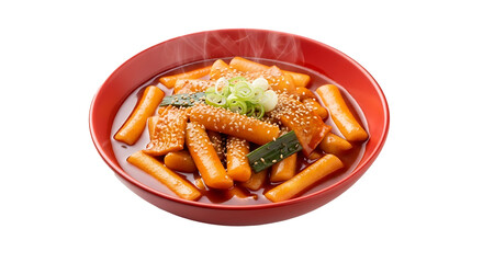 A close up shot of tteokbokki in a red bowl with steam rising and garnished with sesame seeds and scallions on transparent background