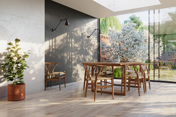 Scandinavian Style Dining Room with Wooden Furniture and Garden View