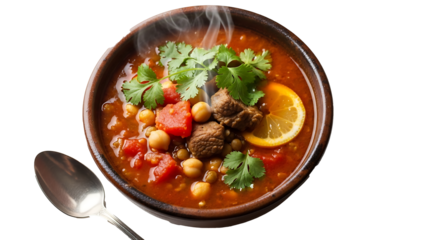 A steaming bowl of harira soup with chickpeas, tomatoes, meat, cilantro and orange slice on top on transparent background
