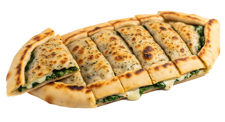Close up shot of a spinach and cheese filled flatbread cut into segments on a black background surface on transparent background