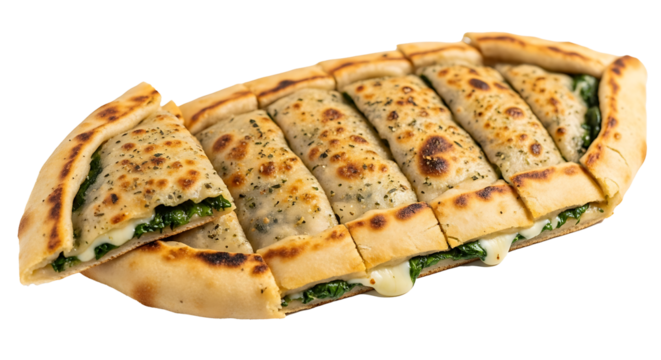 Close up shot of a spinach and cheese filled flatbread cut into segments on a black background surface on transparent background