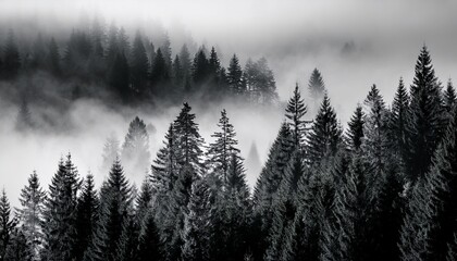 black and white photo of a misty forest with pine trees in the foggy mountains in a high contrast style