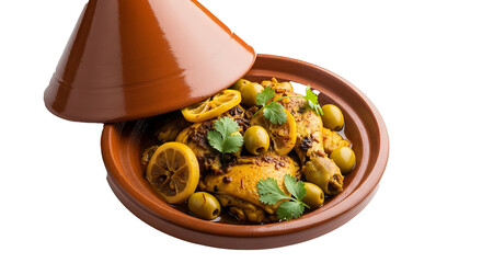 A moroccan chicken tagine with olives and lemons served in a traditional earthenware pot with a conical lid on transparent background