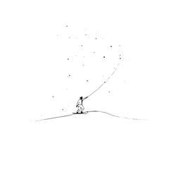 Illustration of man snowboarder reaching for stars in sky on hill minimal black and white line art design