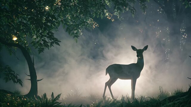 Ethereal deer emerges mist filled enchanted forest dappled fairy lights flickering among ferns looped video four K fantasy animation evokes magic storytelling intros relaxation streams children&rsquo;s