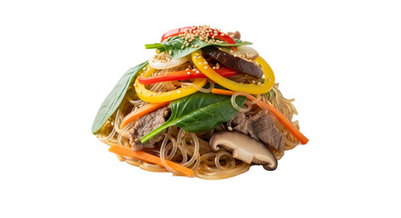 Close up shot of japchae with beef spinach carrots peppers and sesame seeds on a black background on transparent background