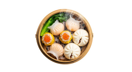 A top down view of a bamboo steamer filled with various types of dim sum and green vegetables inside it on transparent background
