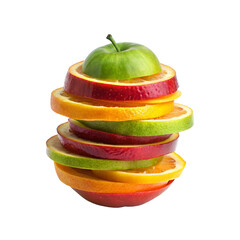 A Tower of Sliced Fresh Fruit Featuring Apple, Orange, and Mango on a Black Backdrop.png
