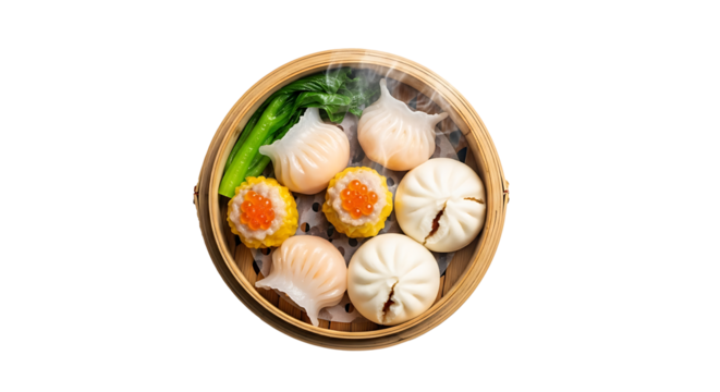 A top down view of a bamboo steamer filled with various types of dim sum and green vegetables inside it on transparent background