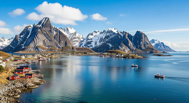 Picturesque coastal village nestled at the foot of dramatic mountains in Lofoten, Norway, reflected in the calm blue waters of the fjord under a partly cloudy sky.