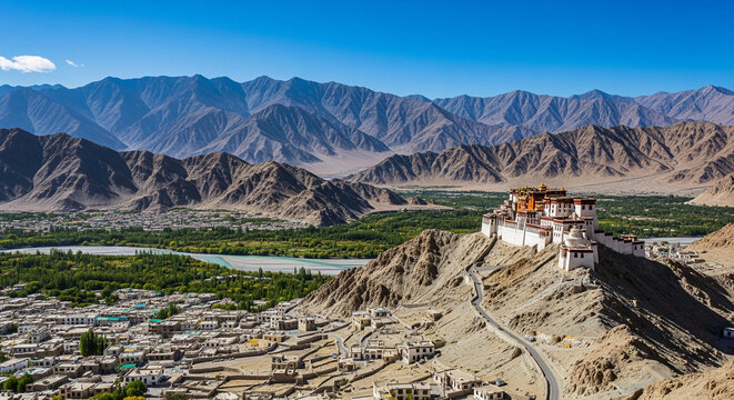 Majestic Thiksey Monastery perched on a hill, overlooking the Indus River and rugged mountains in the stunning landscape of Ladakh, India.