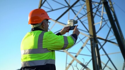 Engineer inspecting power lines with a smartphone with work at height, and safety first. - Powered by Adobe