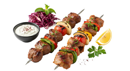 Two skewers of grilled meat and vegetables with a side of dipping sauce and lemon on black background on transparent background
