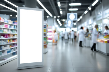 Vertical blank billboard signage in modern pharmacy interior with blurred shelves and medical staff, bright lighting, suitable for health product advertisement or mockup display
