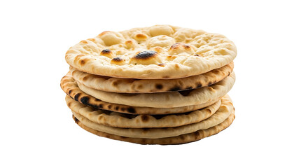 A stack of freshly baked naan bread with visible air pockets and slight charring on a black background on transparent background