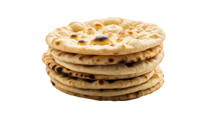 A stack of freshly baked naan bread with visible air pockets and slight charring on a black background on transparent background