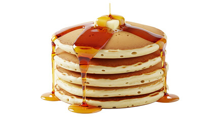 A stack of pancakes with butter and syrup dripping down on a black background in a close up shot on transparent background