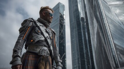 Fototapeta premium Tech Warrior in Futuristic Armor and Scottish Kilt