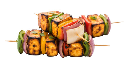 A close up shot of several skewers of grilled paneer and vegetables on a black background food photography on transparent background
