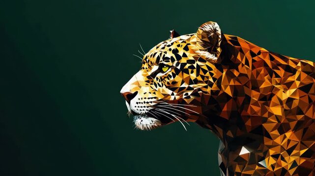 Stylized geometric majestic jaguar with vibrant colors and dark green background