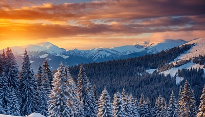 winter wonderland snow covered trees and mountain view
