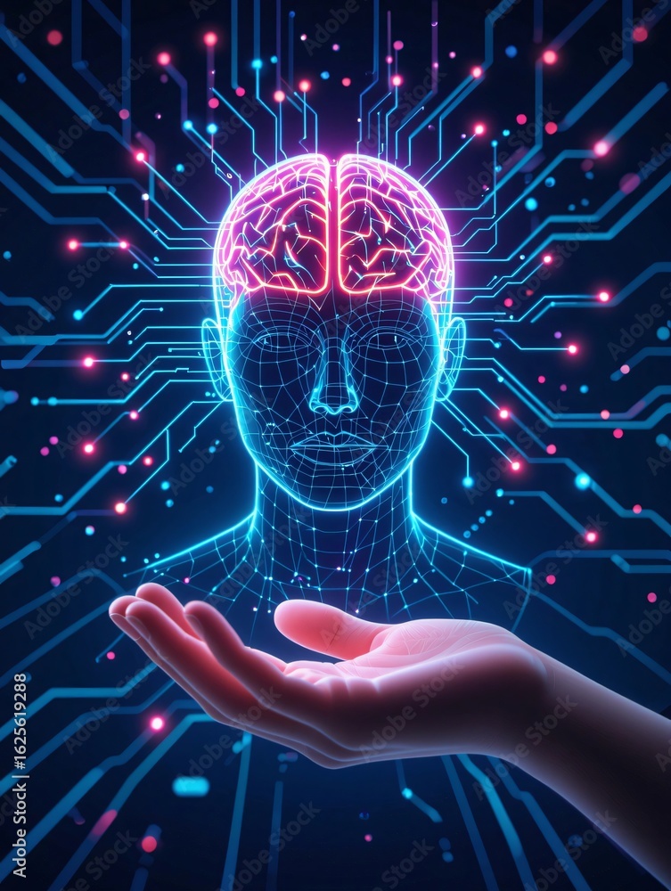 Poster digital mind: a mesmerizing digital depiction of a human brain interconnected with advanced circuitr
