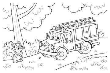 Vector Cartoon funny Fire Truck, funny image in the forest, Coloring book page for children. Line Art isolated on white background