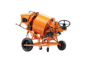 Orange portable concrete mixer on wheels, isolated on black background.