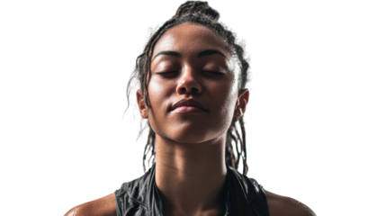 A serene portrait of a young woman with closed eyes, exhibiting calmness and tranquility, on a dark background.