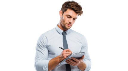 A professional young man in a shirt and tie writing notes on a clipboard against a white isolated background.