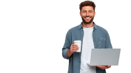 A smiling man holds a coffee cup and laptop, representing modern work and productivity.