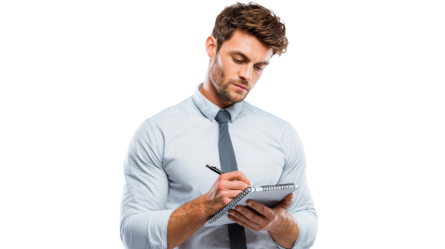 A professional young man in a shirt and tie writing notes on a clipboard against a white isolated background.