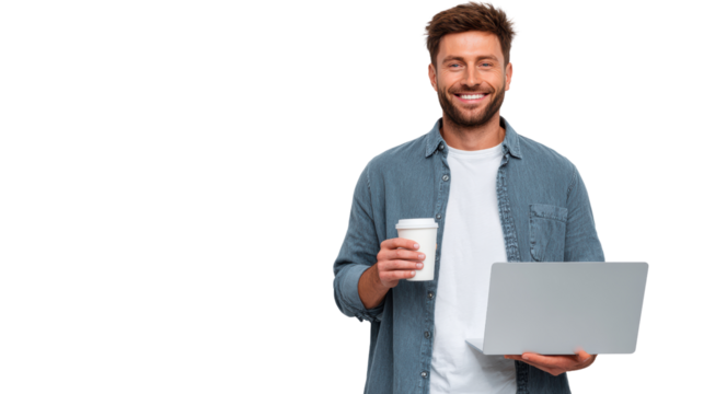 A smiling man holds a coffee cup and laptop, representing modern work and productivity.