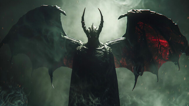 Dark demonic entity with massive wings spread against stormy apocalyptic sky, creating powerful supernatural horror atmosphere for fantasy and gothic themed content